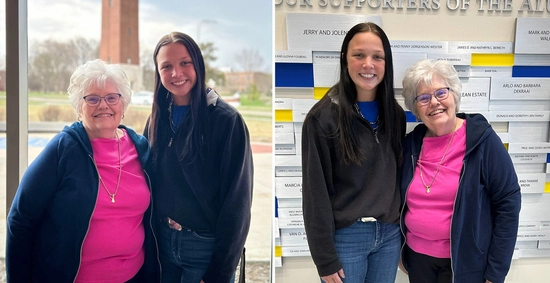 Collage of two photos where Judy Nissen stands smiling with her scholarship recipient, Chiara Thompson.