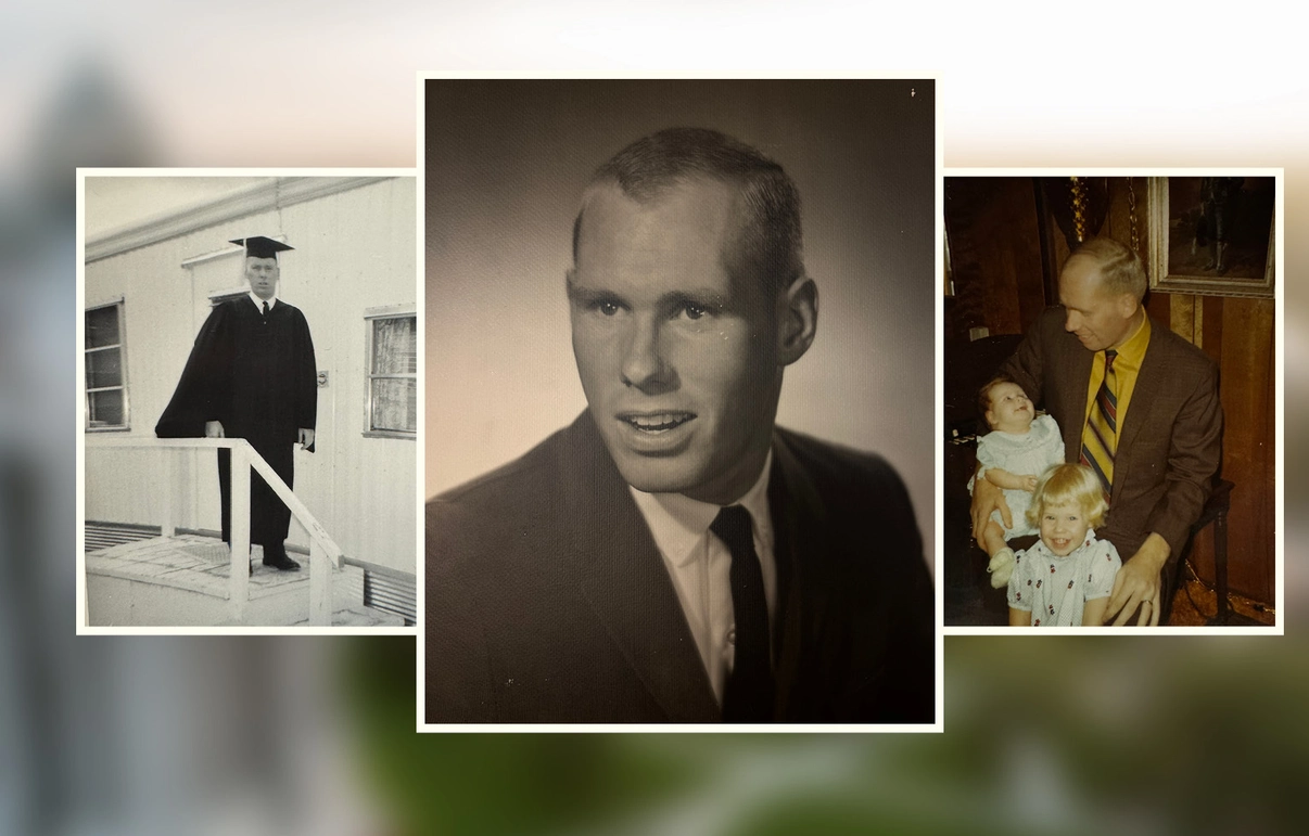 Collage of older photos of Gordon Elzenga: one in his commencement outfit, a professional headshot, and one holding his daughters.