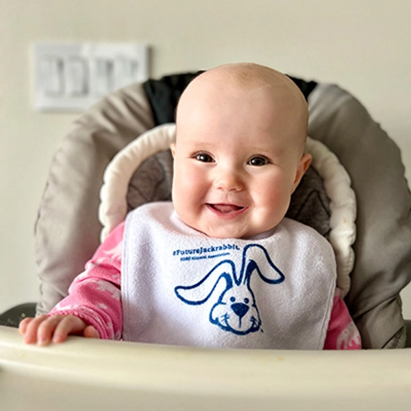 photo of Future Jackrabbit Elaine wearing a Future Jackrabbit bib