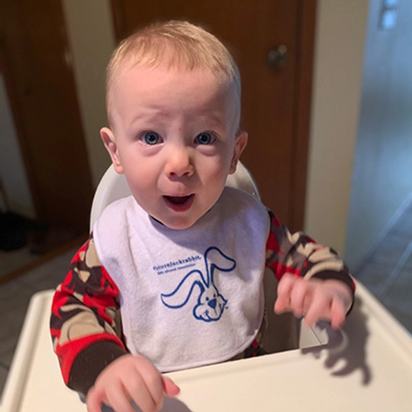 photo of Future Jackrabbit Erwin wearing a Future Jackrabbit bib