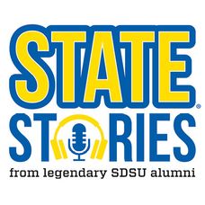Logo for STATE Stories podcast with blue and yellow text and a microphone icon inside of headphones