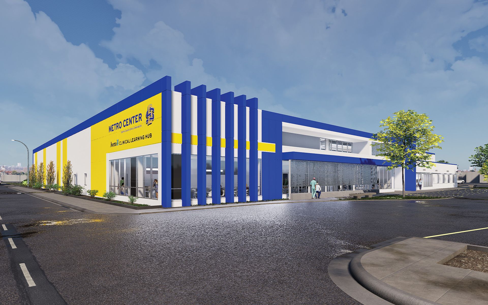 Rendering of the front left side of the SDSU Metro Center in Sioux Falls, SD.