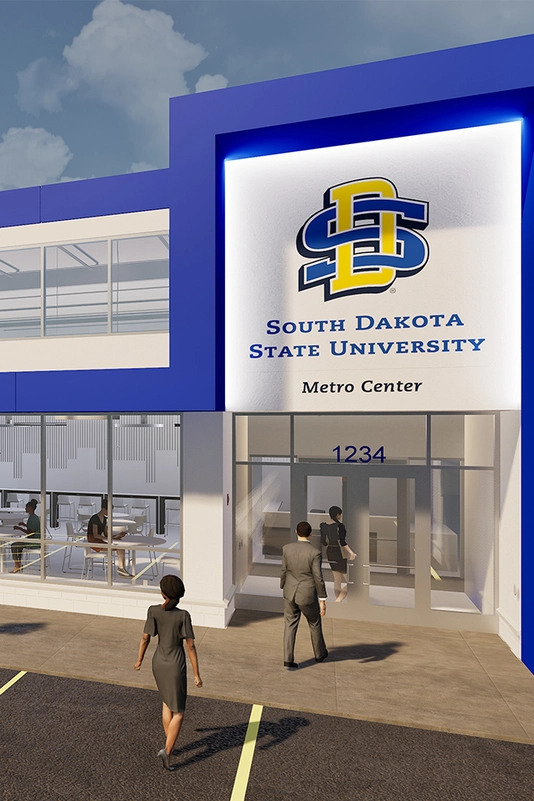 Rendering of the outside of the SDSU Metro Center in Sioux Falls, South Dakota.
